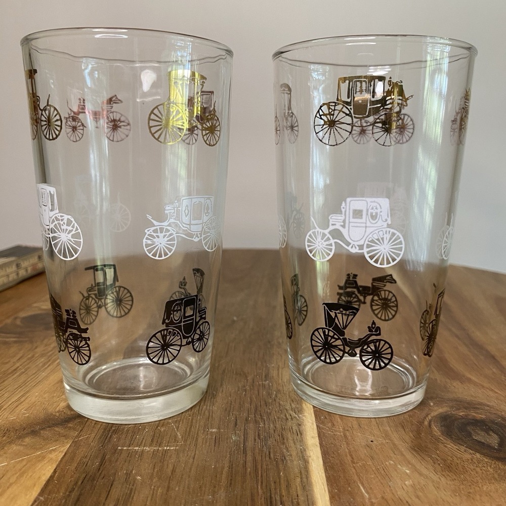 Vintage Set Of 2 Horseless Carriages Glasses 5" Tall Hazel Atlas Libby Marked HA